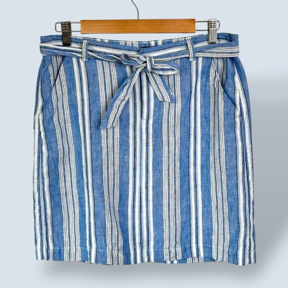 Tommy Hilfiger Linen Mini Skirt Blue White Stripe Coastal Preppy Nautical Size 8 - Picture 1 of 6
